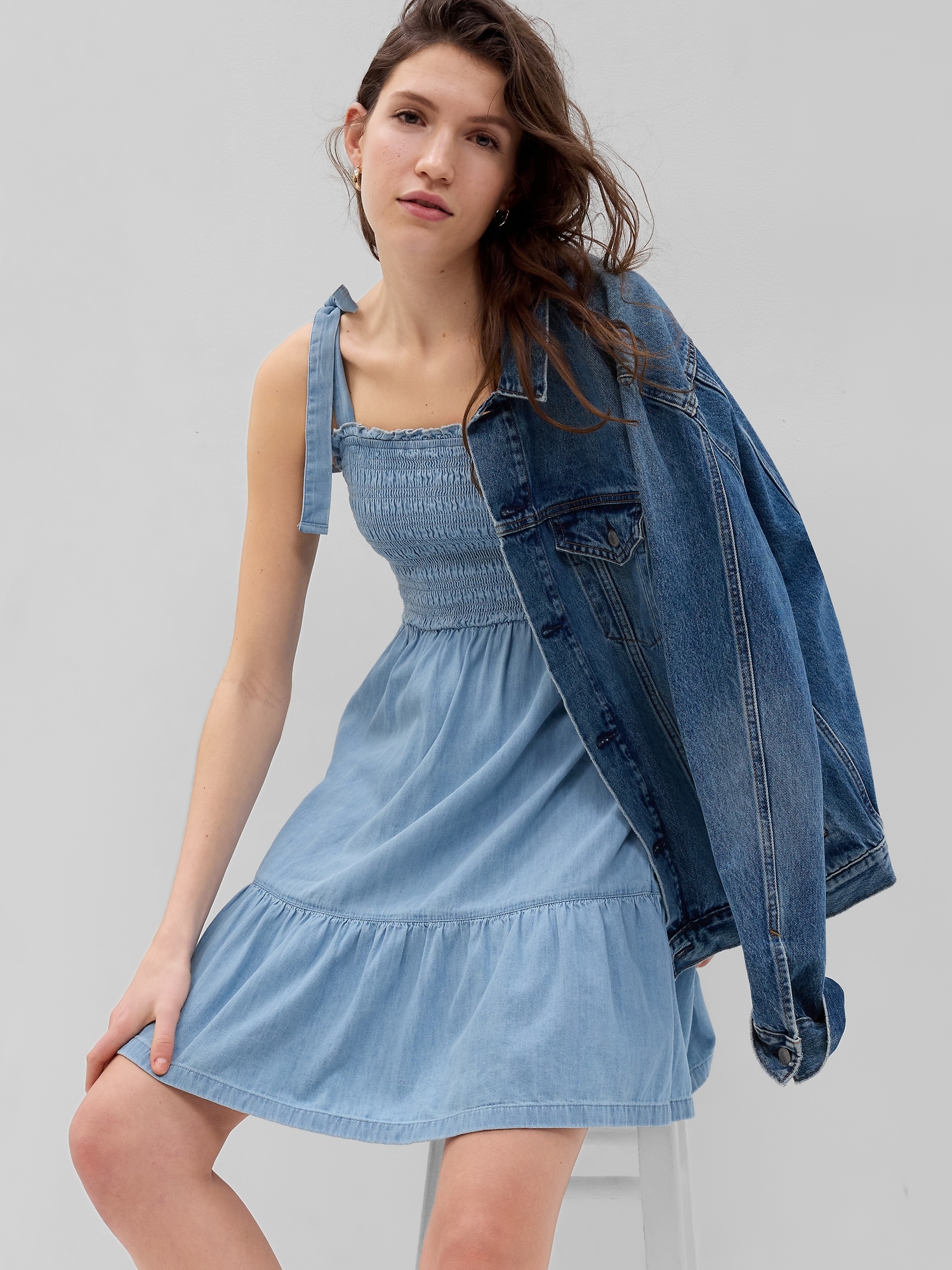 gap denim smocked mini dress Denim Tie-Front Smocked Waist Mini Dress
