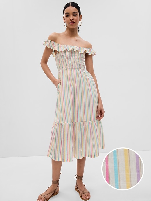 1 of 8 showing, with the color multi color stripe of product Ruffle Neck Midi Dress