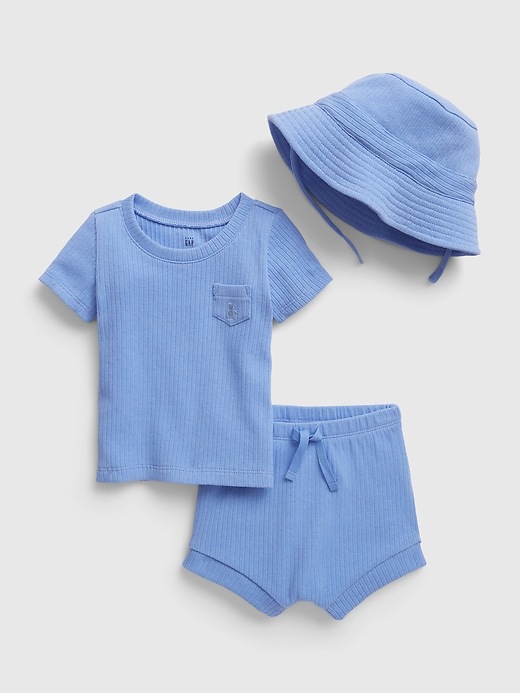 1 of 8 showing, with the color shirting blue of product Baby Three-Piece Rib Outfit Set