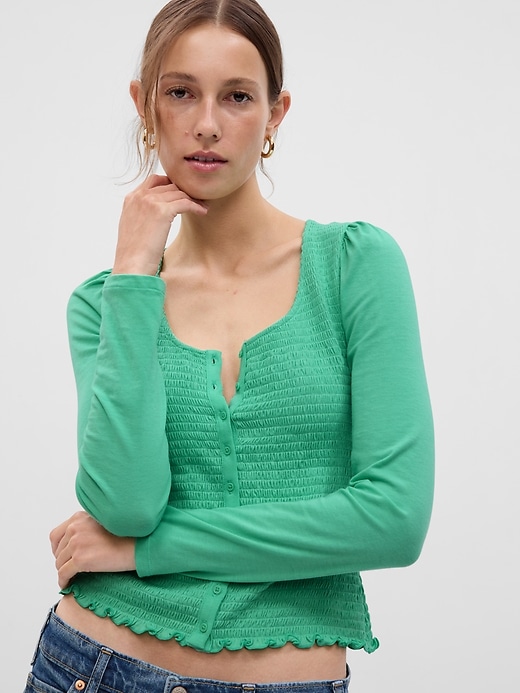Image number 3 showing, Featherweight Smocked Button-Front Top