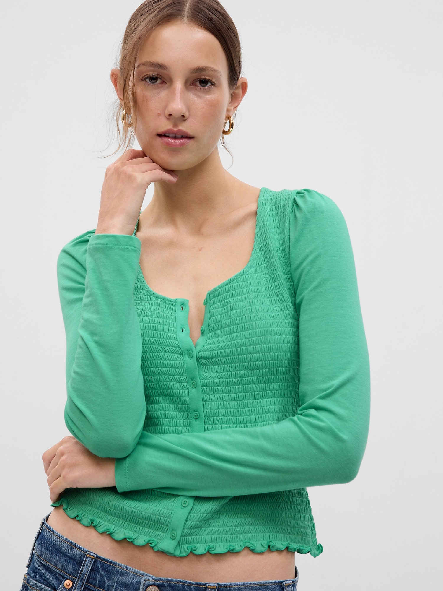 Featherweight Smocked Button Front Top Gap