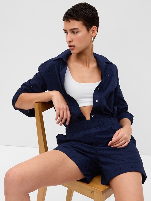1 of 8 showing, with the color navy blue of product Eyelet Lace Boyfriend Shirt