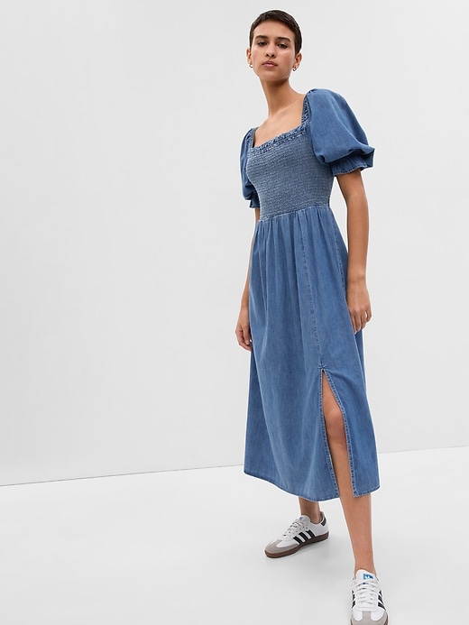 Image number 1 showing, Puff Sleeve Denim Midi Dress