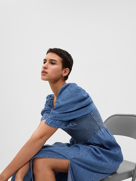 gap puff sleeve denim dress Denim Puff-Sleeve Seamed Mini Dress