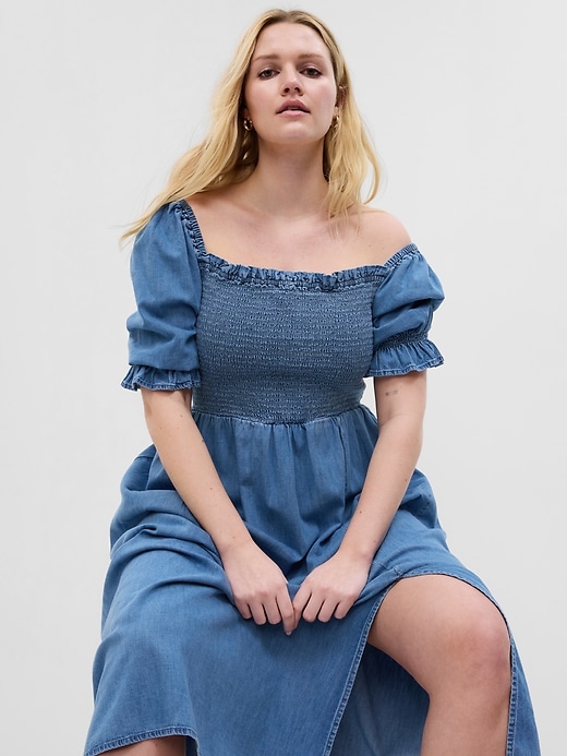 gap puff sleeve denim dress Denim Puff-Sleeve Sweetheart Mini Dress