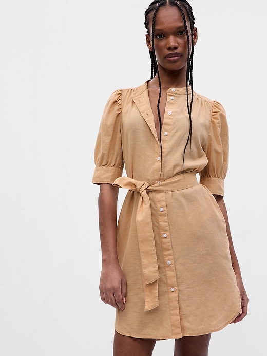 Image number 3 showing, Puff Sleeve Linen-Cotton Shirtdress