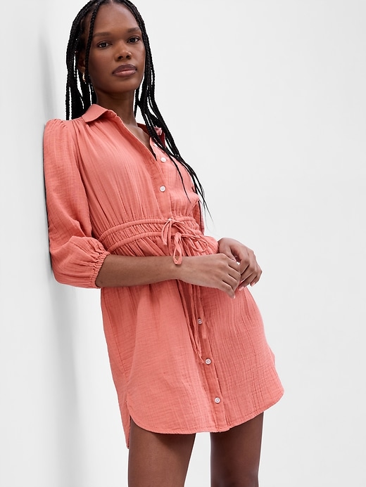 Image number 1 showing, Crinkle Gauze Mini Shirt Dress