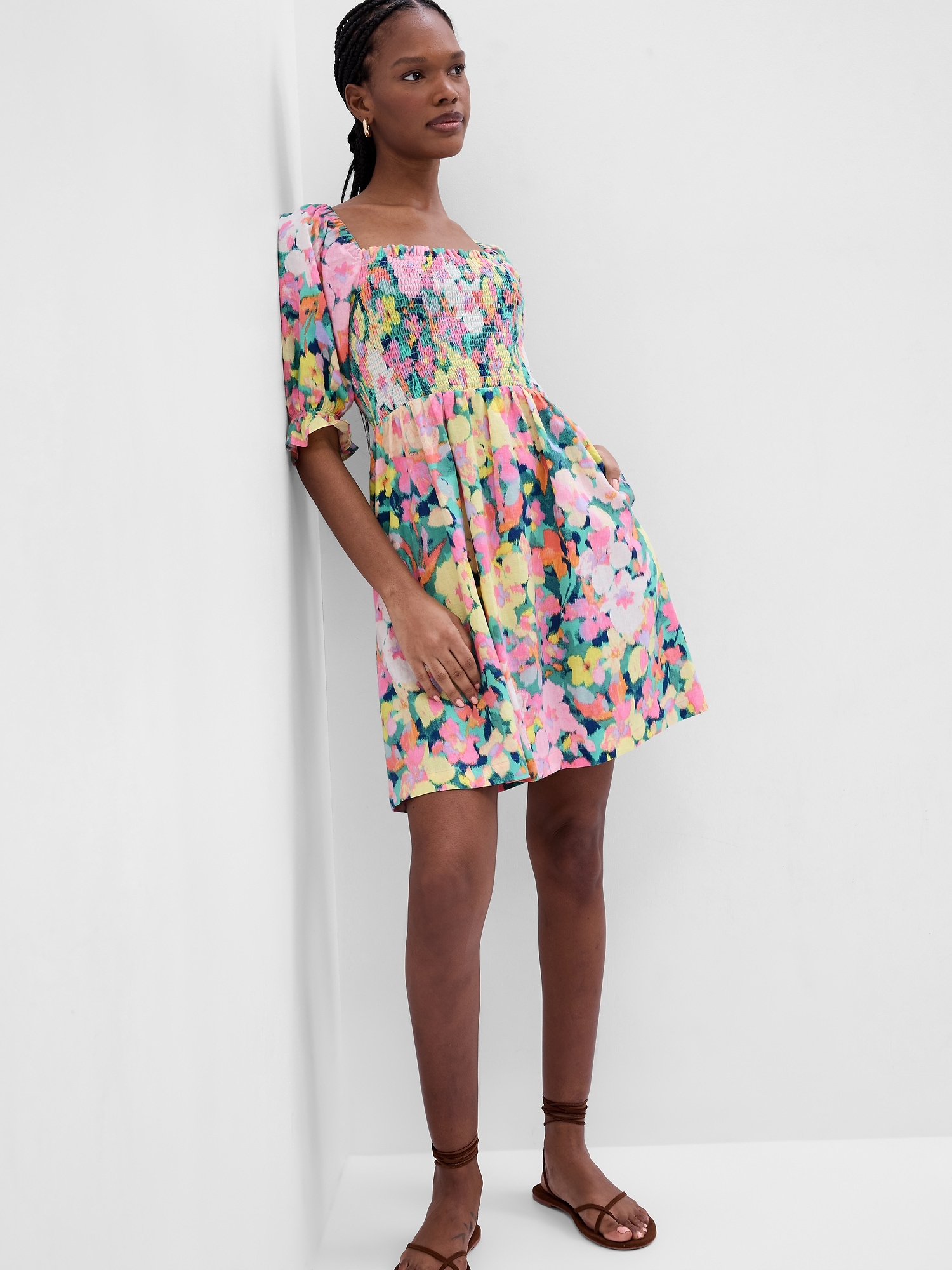 Gap Puff Sleeve Linen-blend Floral Mini Dress In Spring Multi Color Floral