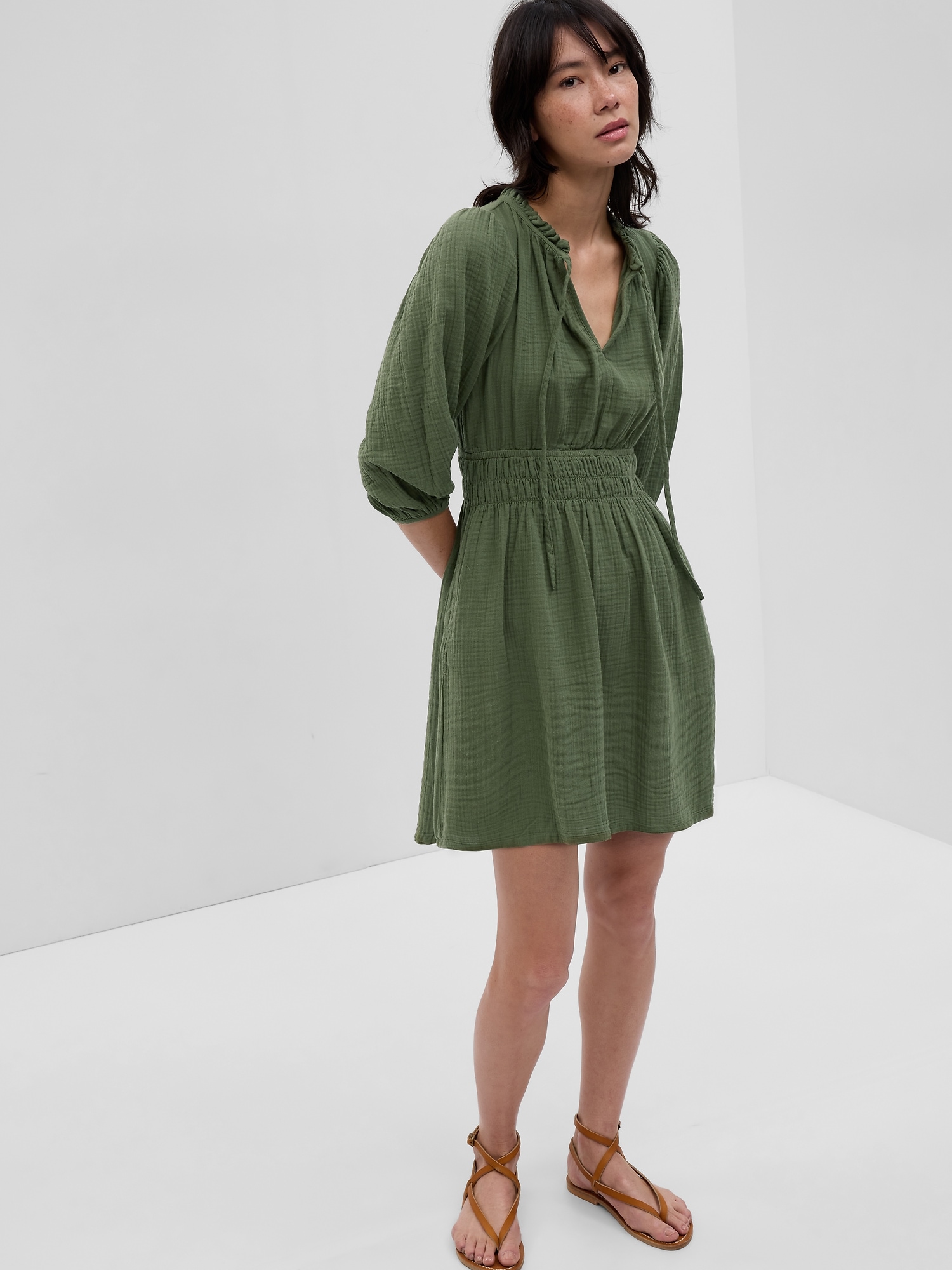 Gap Puff Sleeve Tie-Front Mini Dress green. 1 Gap Puff Sleeve Tie-Front Mini Dress green. 1