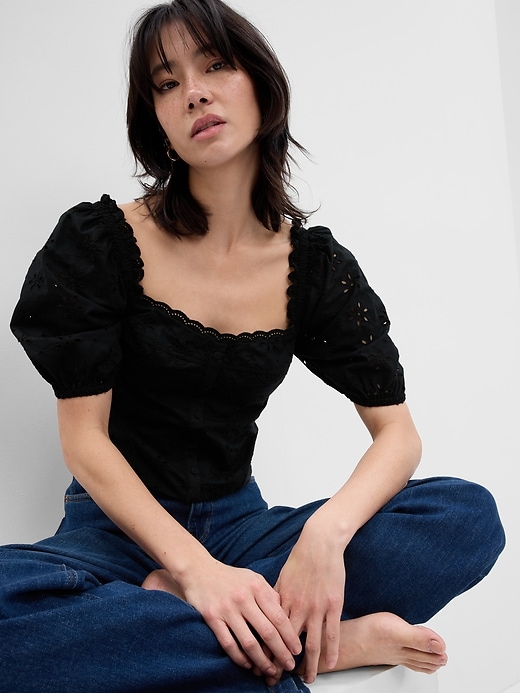 Image number 1 showing, Puff Sleeve Eyelet Shirt