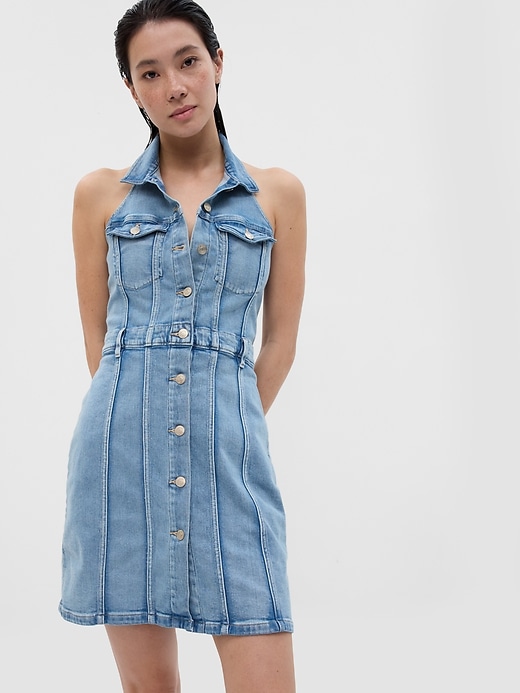 Image number 1 showing, Button-Front Denim Halter Dress with Washwell