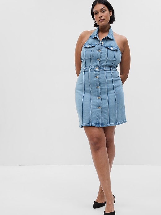 Image number 4 showing, Button-Front Denim Halter Dress with Washwell