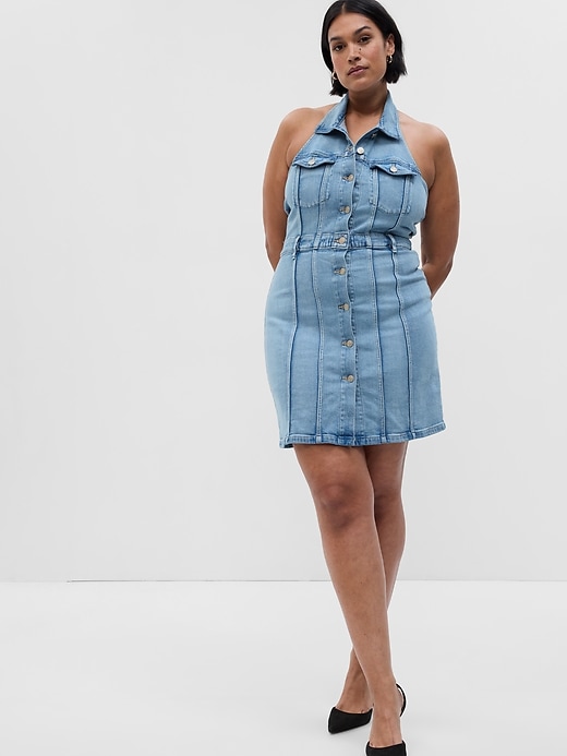 Button-Front Denim Halter Dress with Washwell