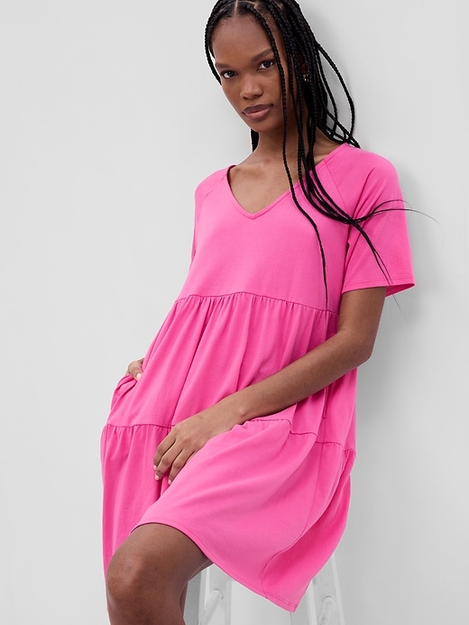 1 of 8 showing, with the color viva magenta pink of product Tiered Mini Dress