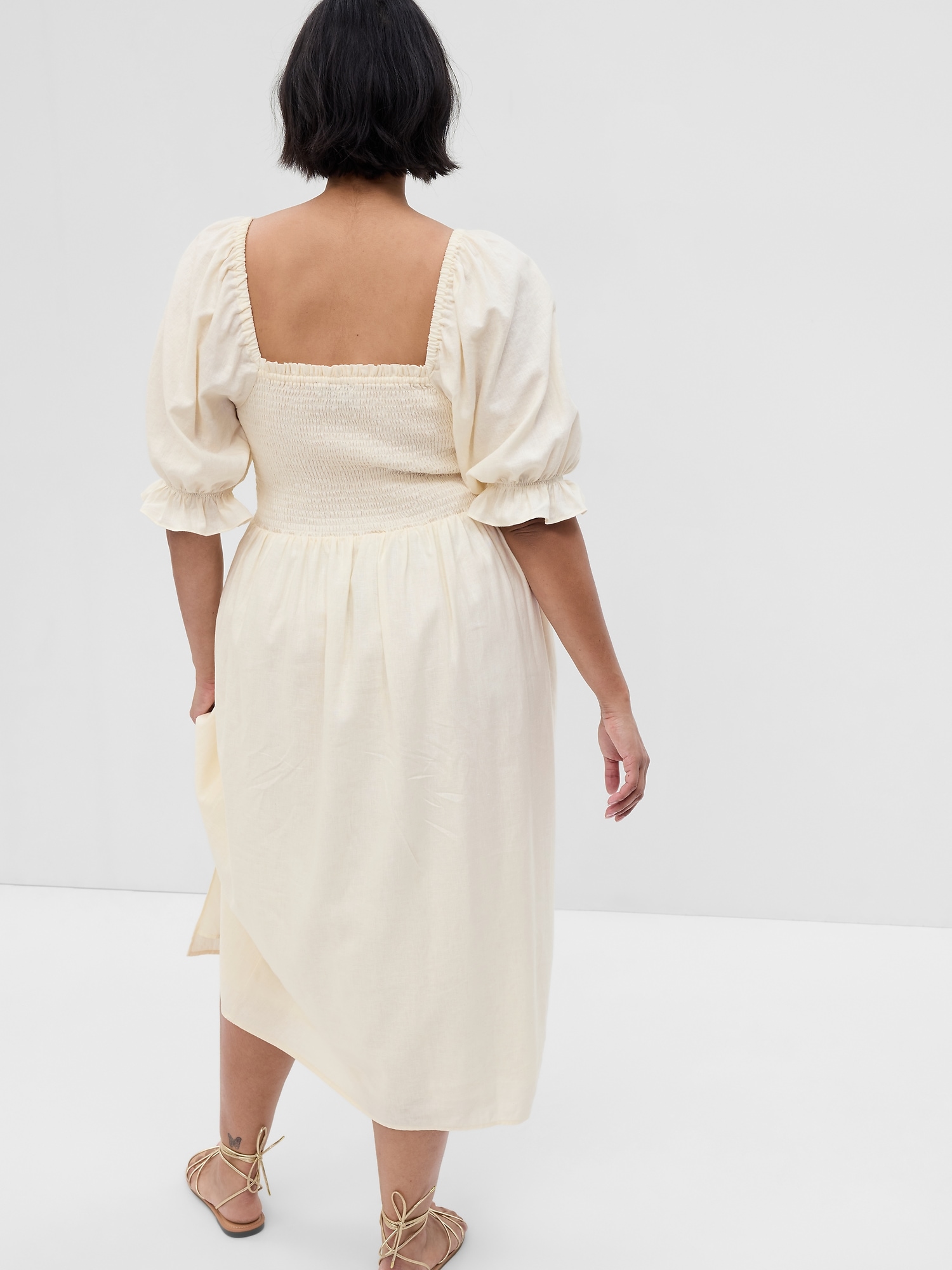 Linen-Blend Puff Sleeve Midi Dress | Gap