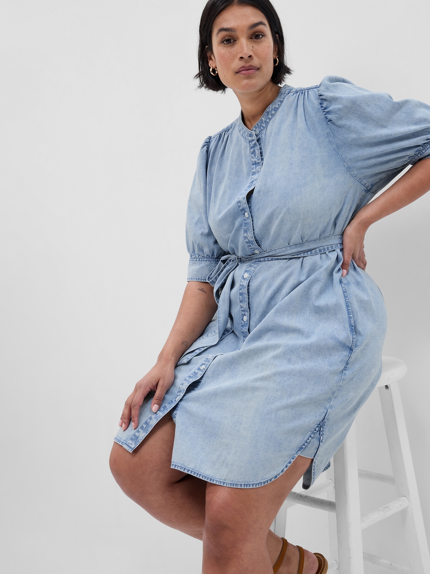 Puff Sleeve Denim Shirtdress Gap