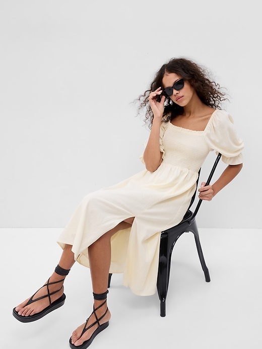 Linen-Blend Puff Sleeve Midi Dress Linen-Blend Puff Sleeve Midi Dress