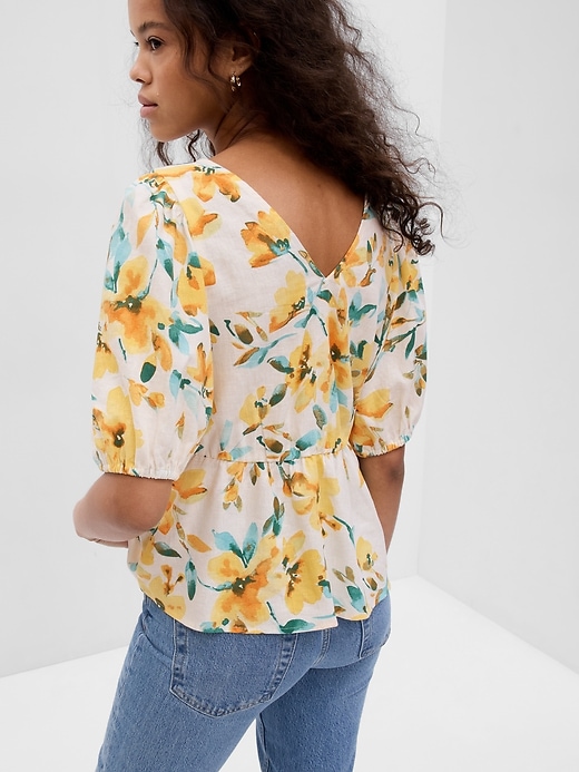 Puff Sleeve Linen-Blend Peplum Top | Gap