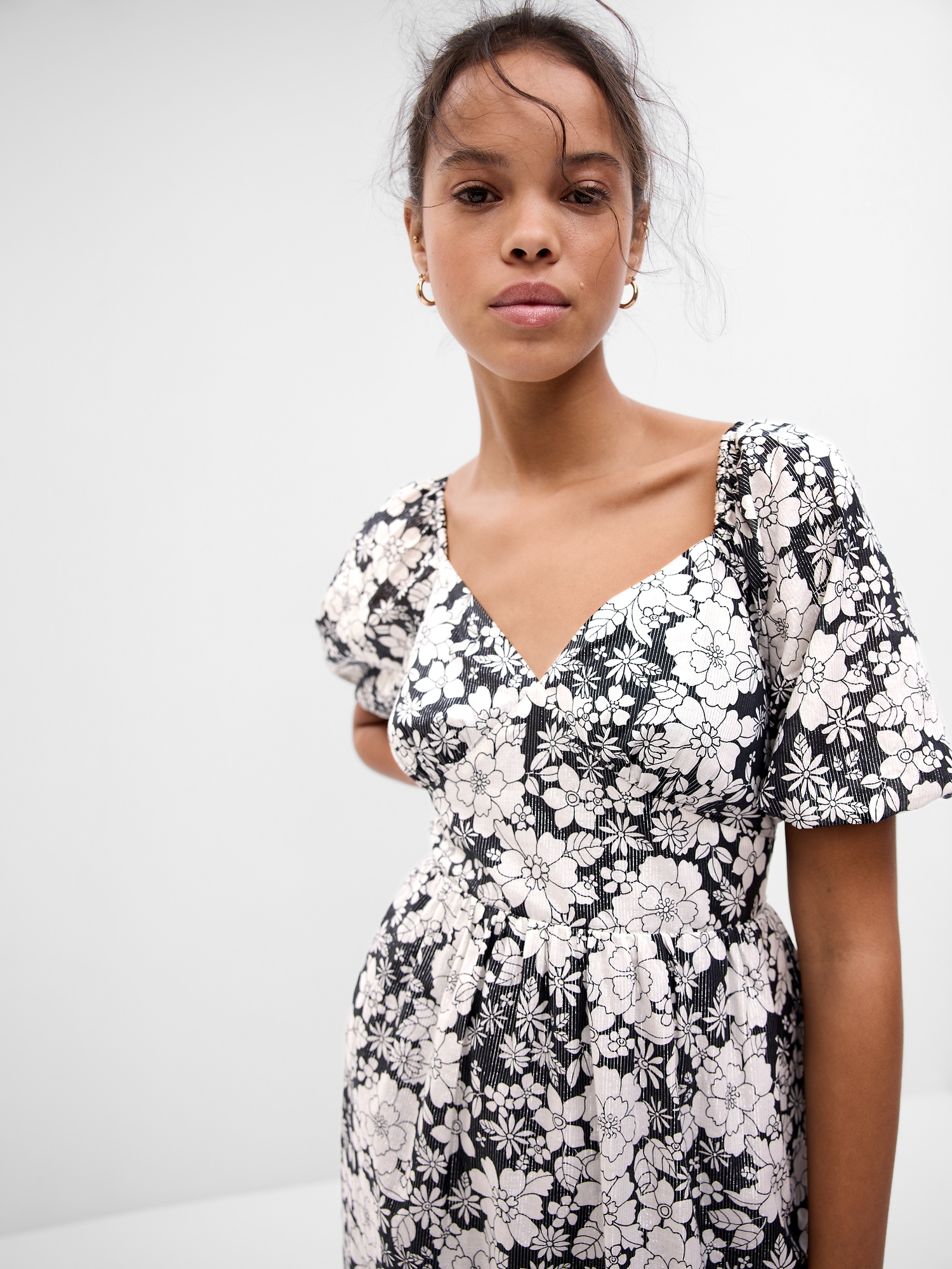 Puff Sleeve Metallic Floral Midi Dress | Gap