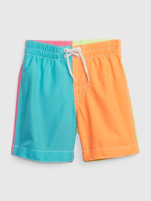 1 of 8 showing, with the color colorblock of product Toddler 100% Recycled Graphic Swim Trunks