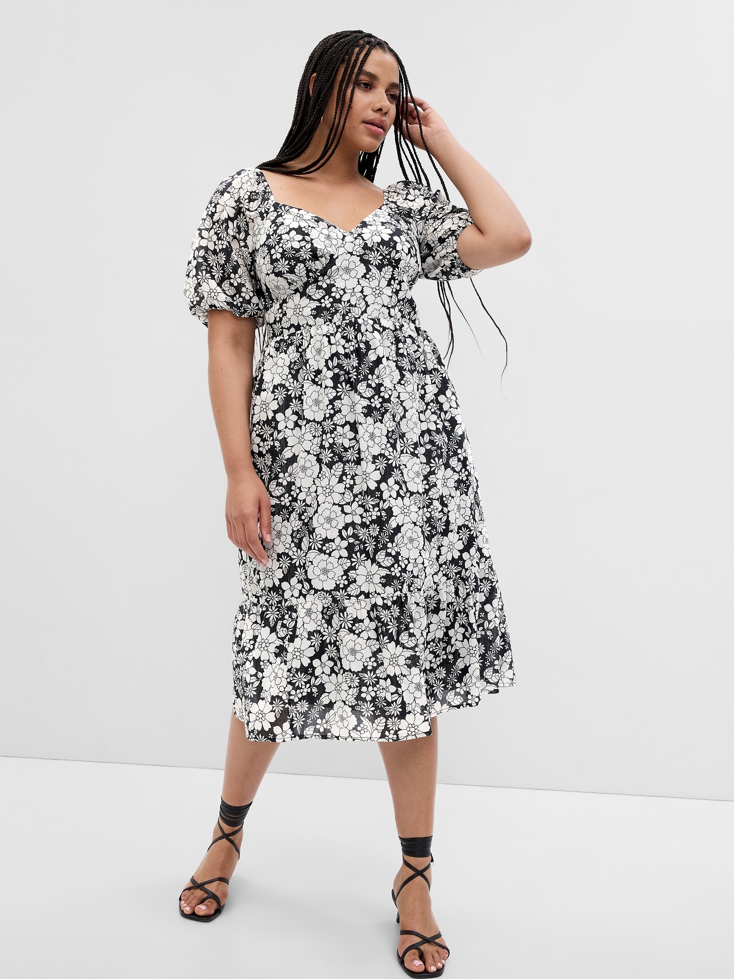 Puff Sleeve Metallic Floral Midi Dress Gap
