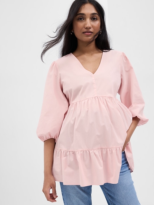 View large product image 1 of 1. Maternity Poplin Tiered Top