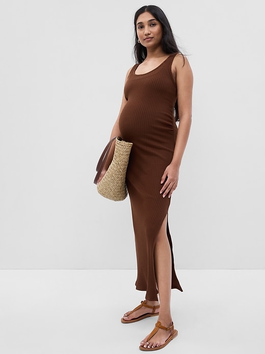 1 of 8 showing, with the color medium brown of product Maternity Rib Maxi Dress