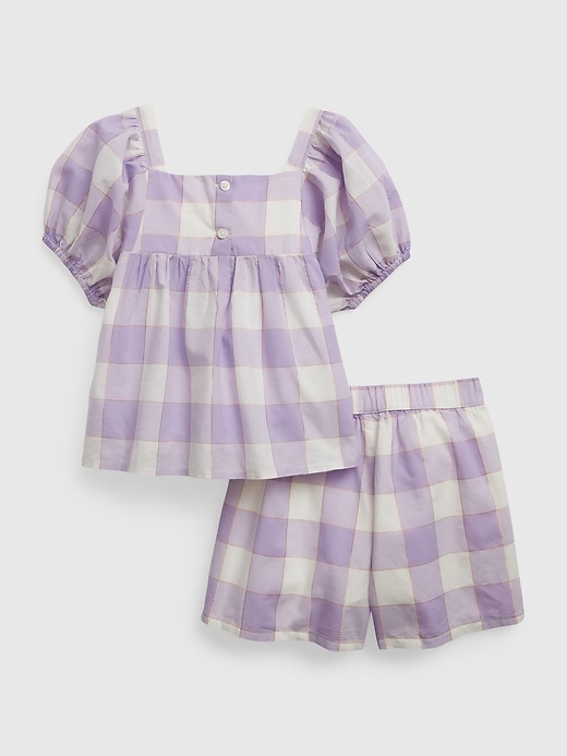 2 of 8 showing, with the color purple gingham of product Toddler Shiny Gingham Puff Sleeve Outfit Set