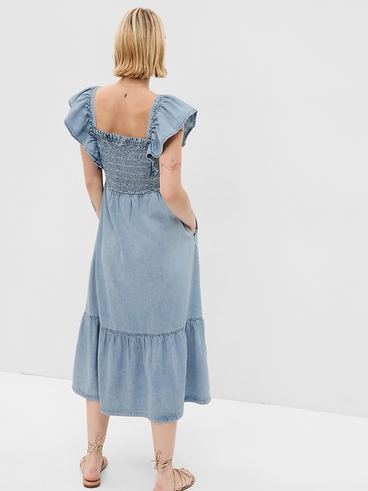 2 of 8 showing, with the color light wash of product Smocked Flutter Sleeve Denim Midi Dress with Washwell