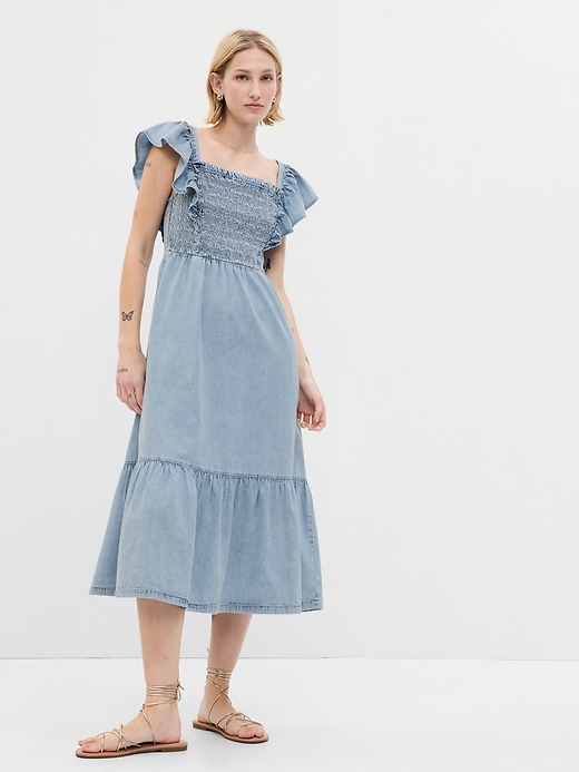 1 of 8 showing, with the color light wash of product Smocked Flutter Sleeve Denim Midi Dress with Washwell