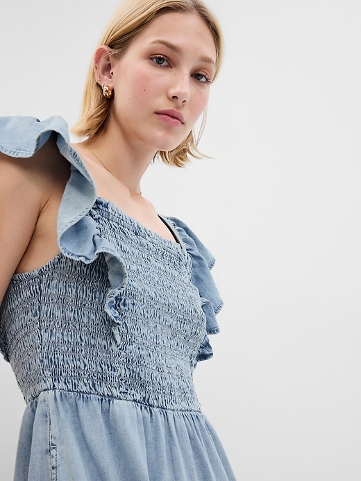 smocked flutter sleeve denim midi dress with washwell Smocked Flutter Sleeve Denim Midi Dress with Washwell