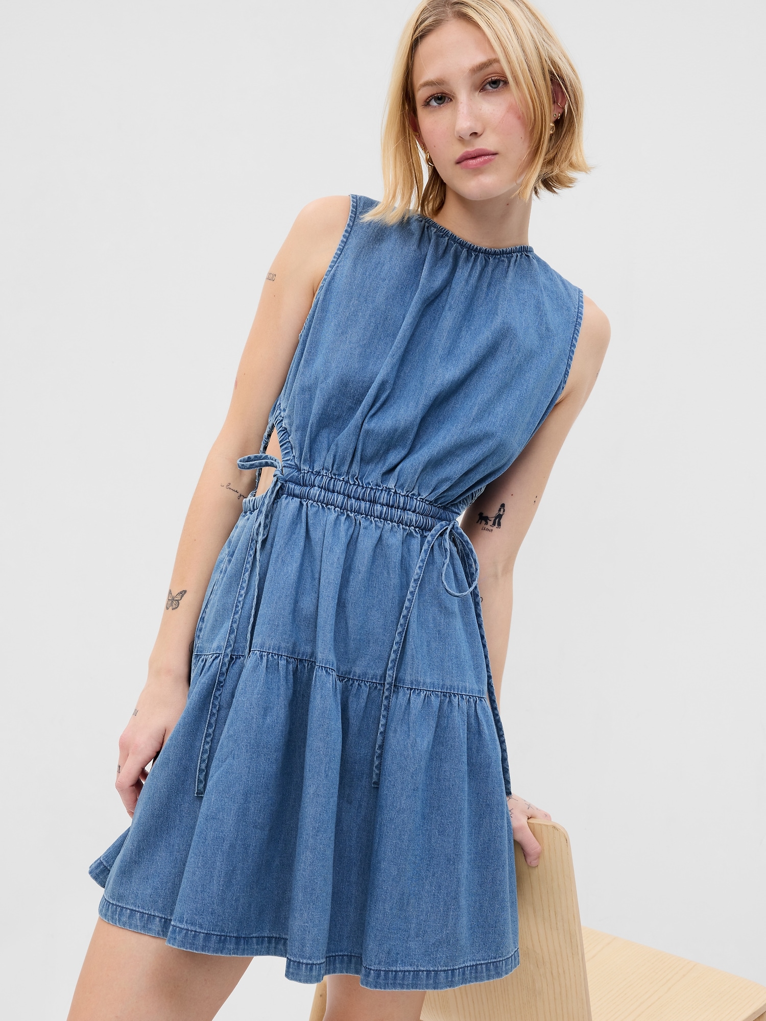 Denim Side-Tie Cutout Mini Dress with Washwell | Gap