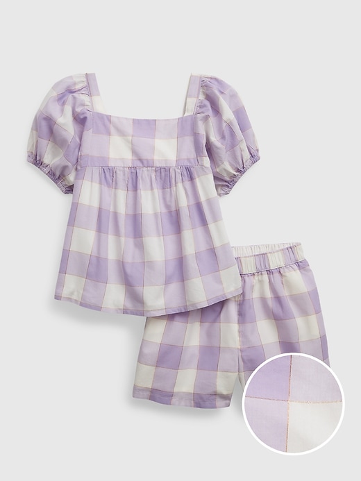 1 of 8 showing, with the color purple gingham of product Toddler Shiny Gingham Puff Sleeve Outfit Set