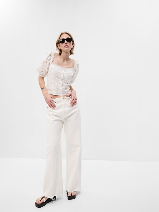 Puff sleeve store eyelet top