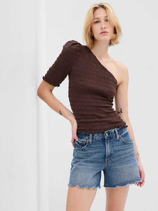 1 of 8 showing, with the color espresso brown of product Smocked One-Shoulder Top