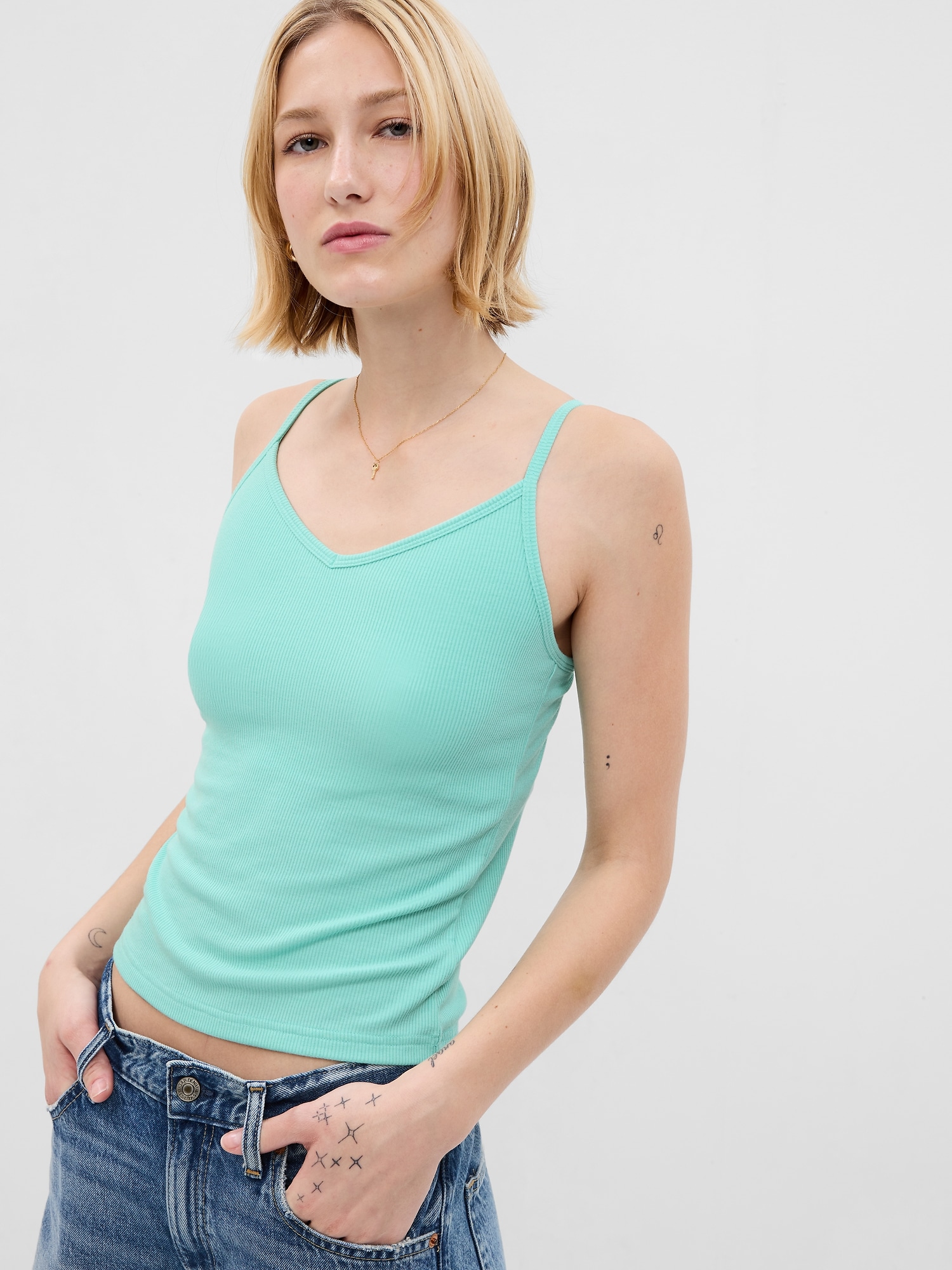 Mini Rib Cropped Tank Top with Shelf-Bra