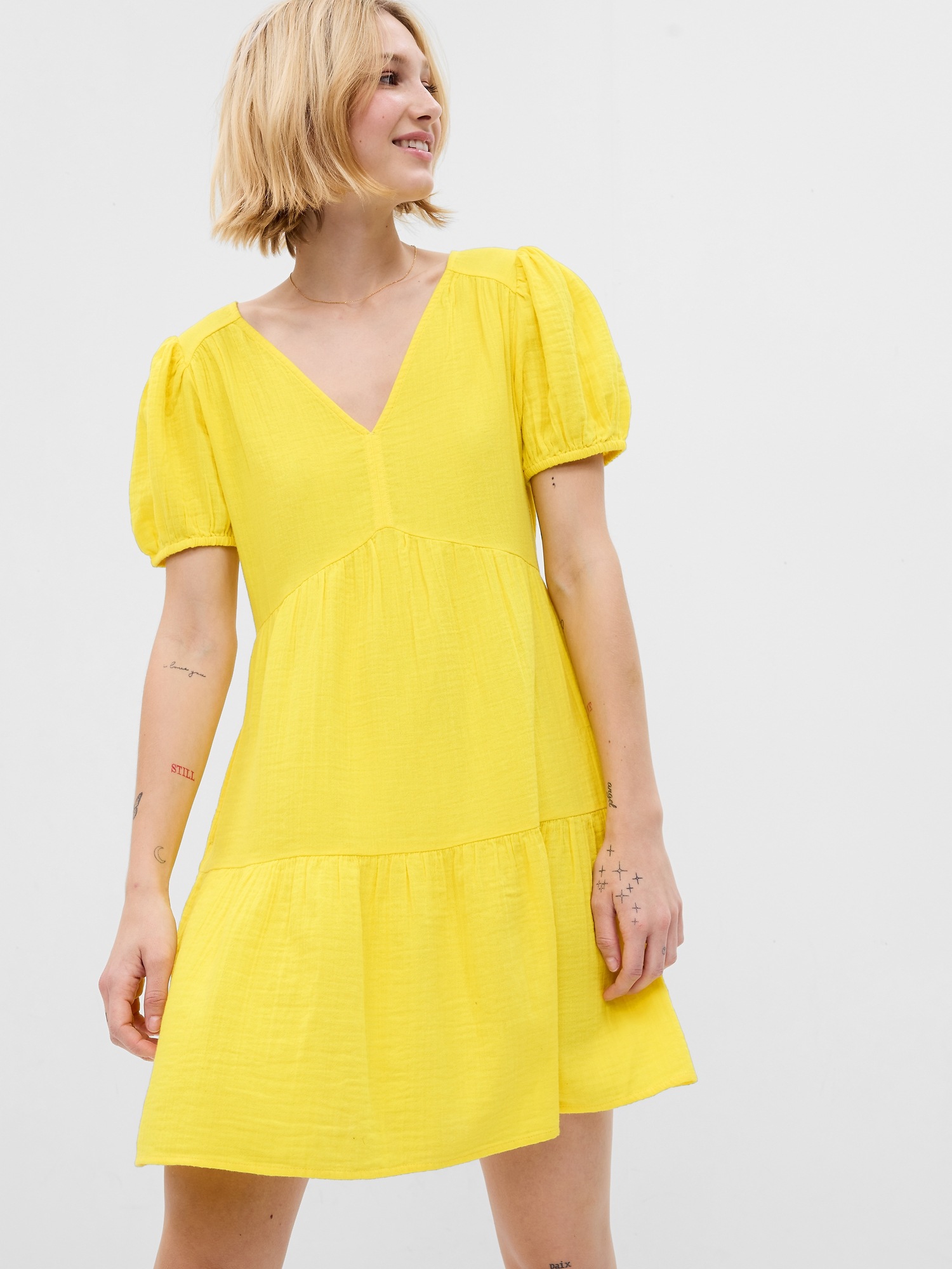 Crinkle Gauze Puff Sleeve Tiered Mini Dress Gap