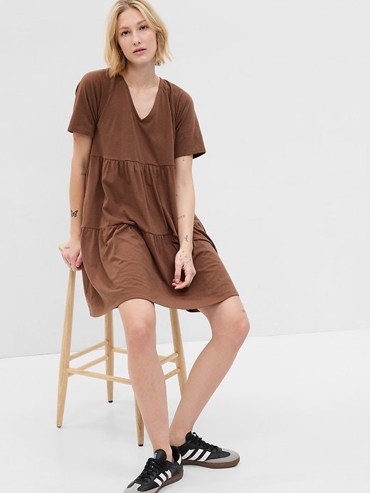 1 of 8 showing, with the color medium warm brown of product Tiered Mini Dress