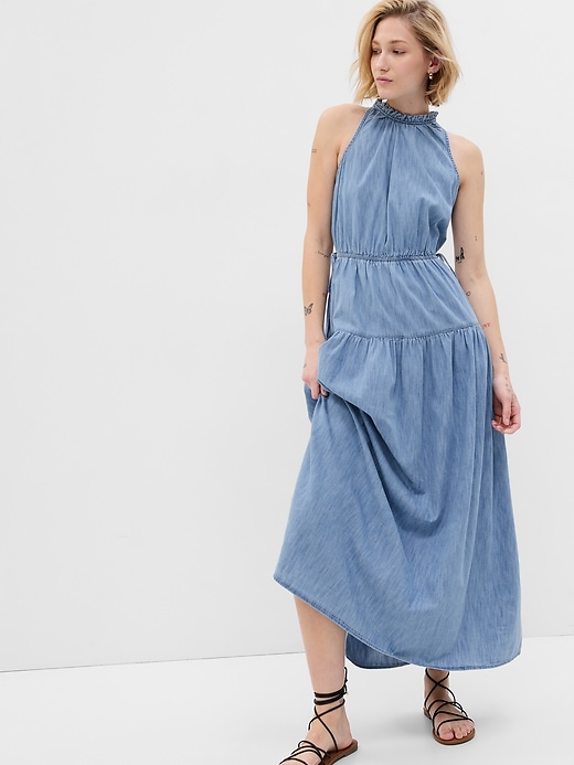 1 of 8 showing, with the color medium wash of product 100% Organic Cotton High Neck Denim Maxi Dress