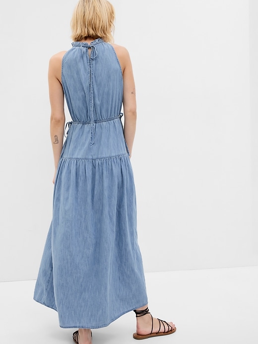 2 of 8 showing, with the color medium wash of product 100% Organic Cotton High Neck Denim Maxi Dress