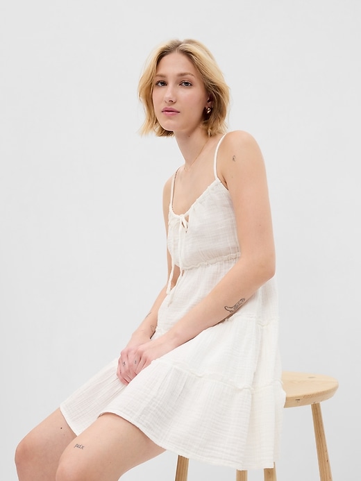 1 of 8 showing, with the color new off white of product Crinkle Gauze Tiered Mini Dress