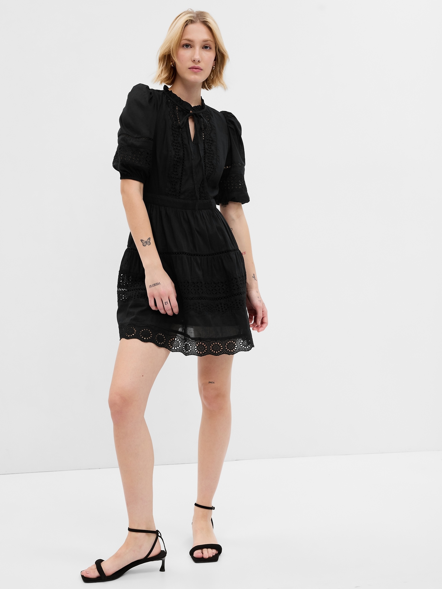 Gap Puff Sleeve Lace Mini Dress In Black