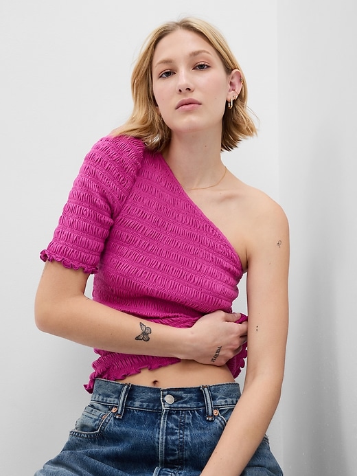 1 of 8 showing, with the color hot magenta pink of product Smocked One-Shoulder Top