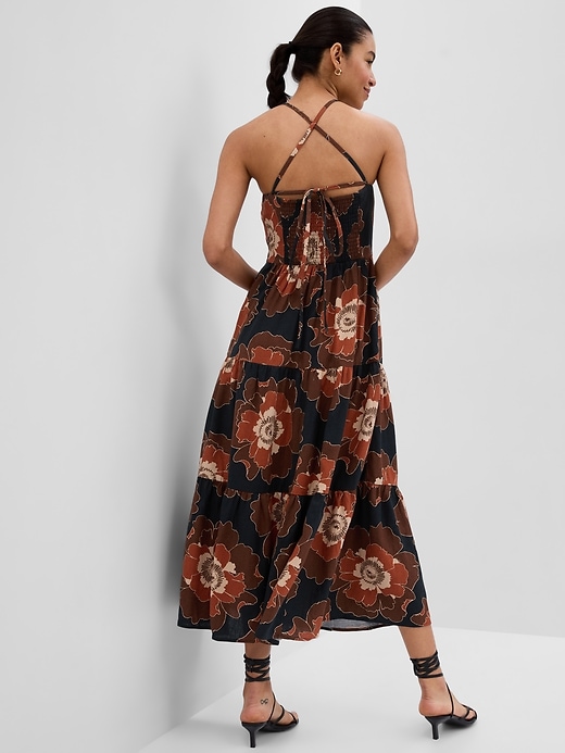 2 of 8 showing, with the color brown floral of product Linen-Blend Tie-Back Tiered Maxi Dress