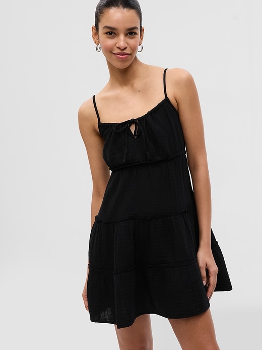 1 of 8 showing, with the color BLACK of product Crinkle Gauze Tiered Mini Dress