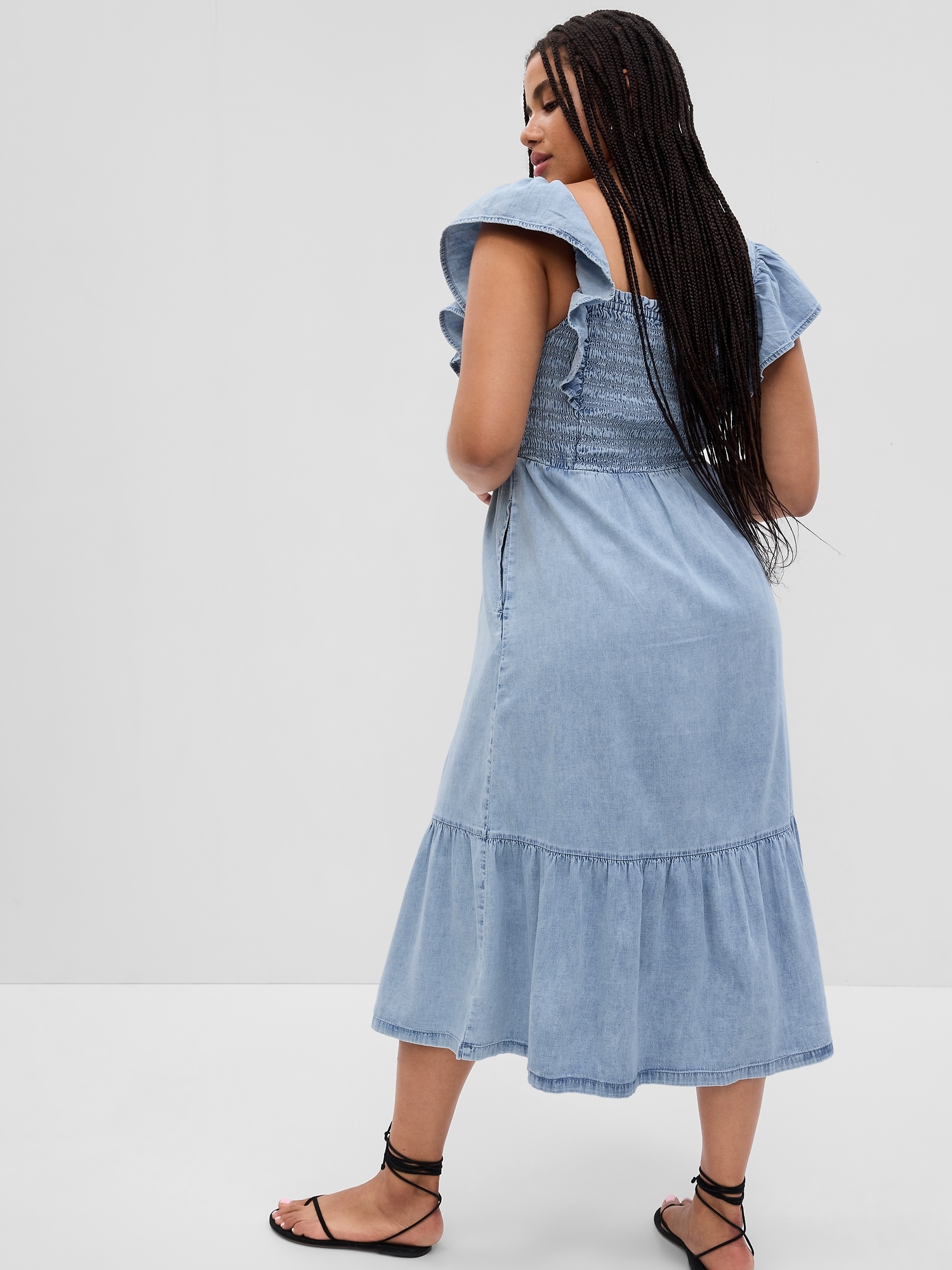 Ruffled Shoulder Denim Midi Dress