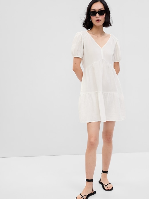 Crinkle Gauze Puff Sleeve Tiered Mini Dress | Gap
