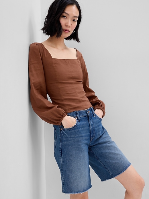 1 of 8 showing, with the color medium warm brown of product Linen-Blend Puff Sleeve Top