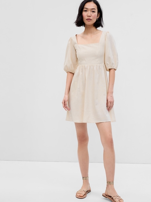Image number 1 showing, Linen-Blend Puff Sleeve Mini Dress