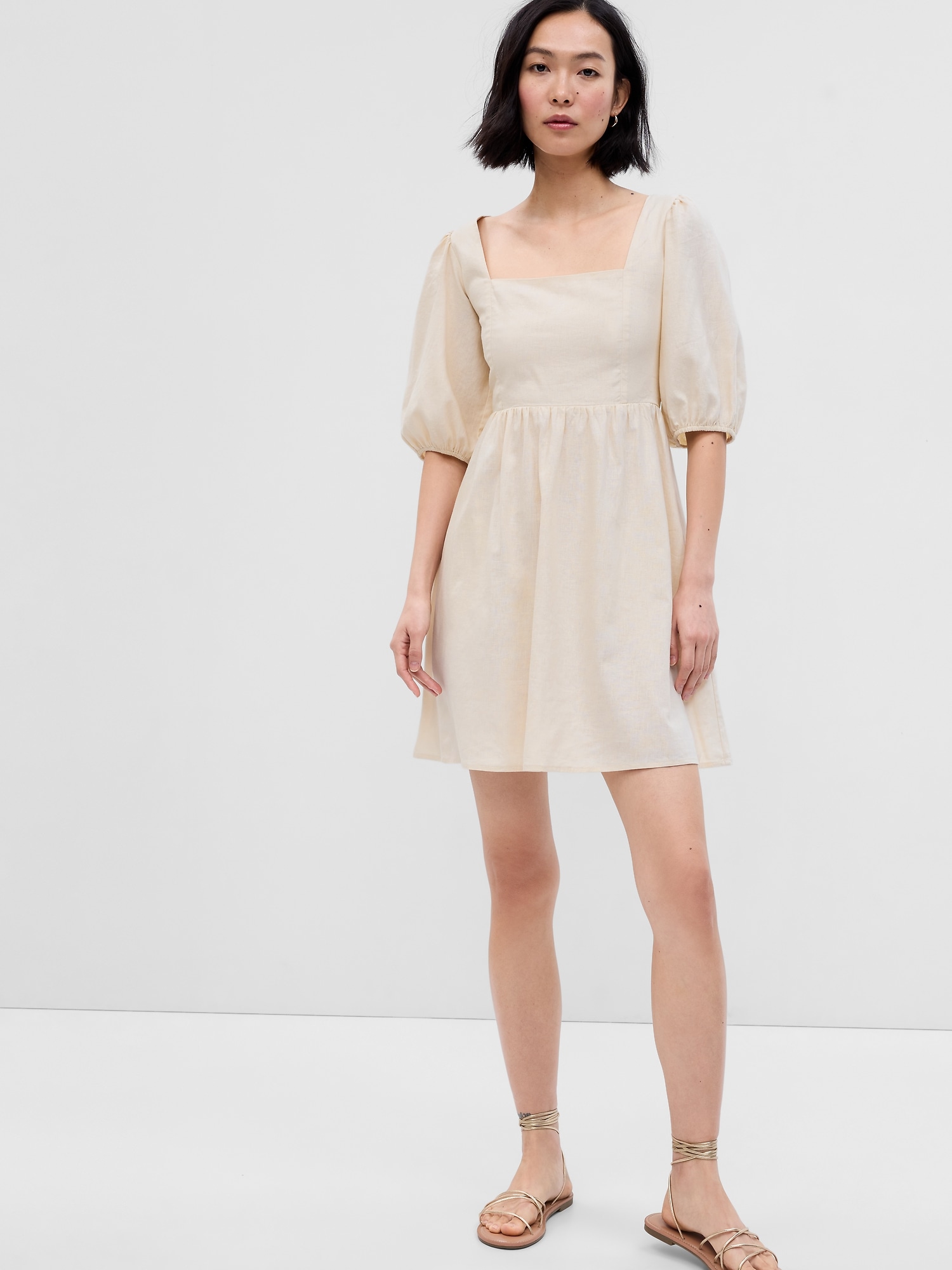 Linen-Blend Puff Sleeve Mini Dress